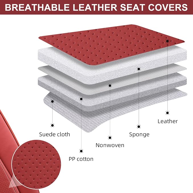 Car Seat Covers Front Pair, Breathable Leather Automotive Front Seat Covers with Headrest, Universal Automotive Vehicle Seat Cover for Most Sedan SUV Pick-up Trucks, Wine Red