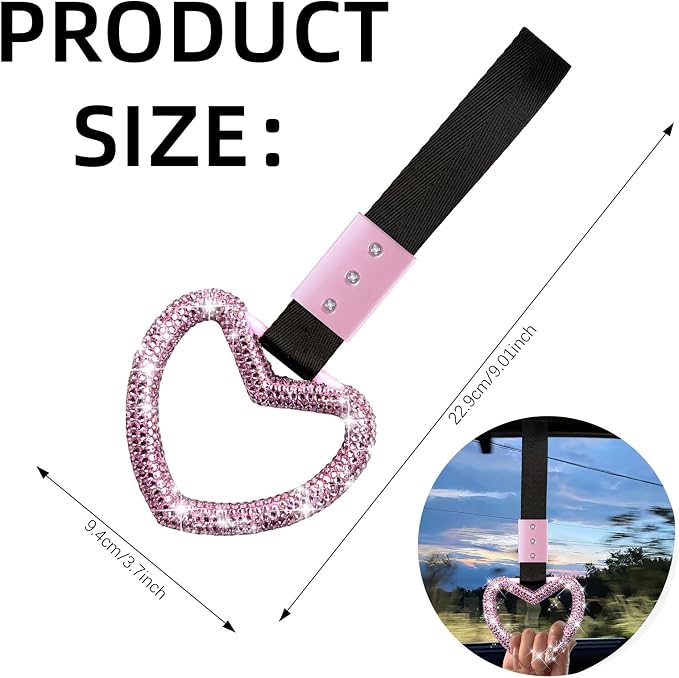 NBTEPEM Bling Heart Handle Ring Bling Car Accessories for Women Handle Strap Drift Charm Rear Bumper Warning Ring Tsurikawa Heart Decor for Car Interior Exterior Decoration (Pink, Heart Style)