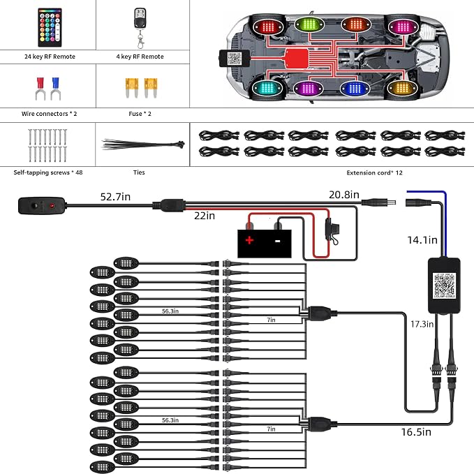 24 Pods RGB LED Rock Lights for Semi Trucks Offroad Pickup Trailer Sedan Boat, 12V Waterproof Dual Zone APP/RF Control Music Mode Brake Light Red Green Blue Underglow Neon Kit with Extension Wires