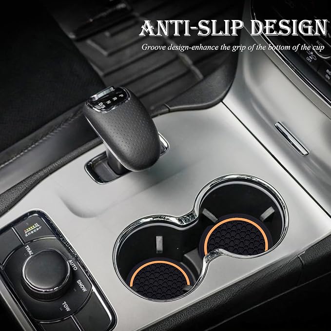 2-Piece Anti-Slip Car Cup Coaster Set – 2.75 Inch Auto Insert Drink Mats, Perfect for Coffee & Beverages – Stylish Interior Decor for Women & Girls (Black & Orange)