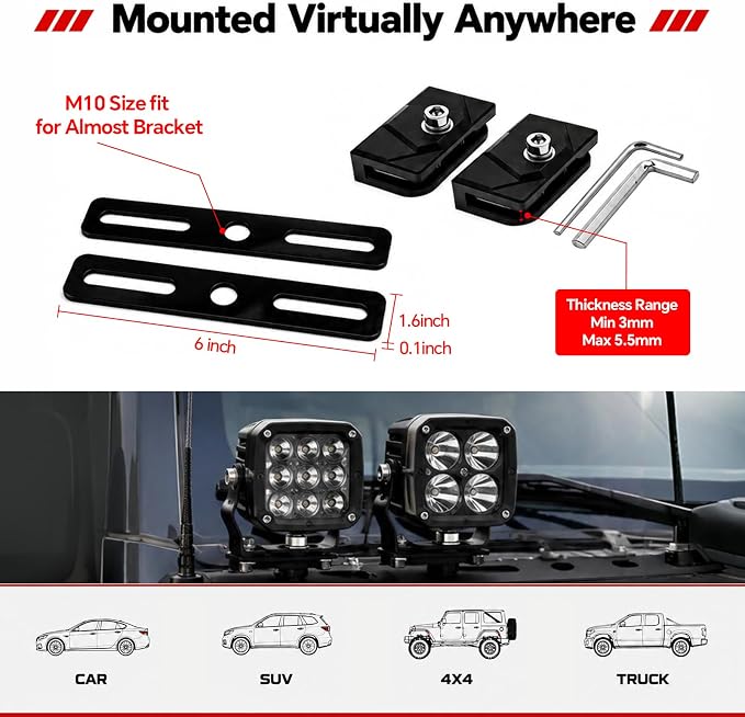 Hood Light Mount Brackets A Pillar Ditch Light Brackets with Extensions | Clamp-On Ditch Light Brackets + Extensions for Hood Mount | No-Drill Universal, Holds Lights, Antenna & Camera
