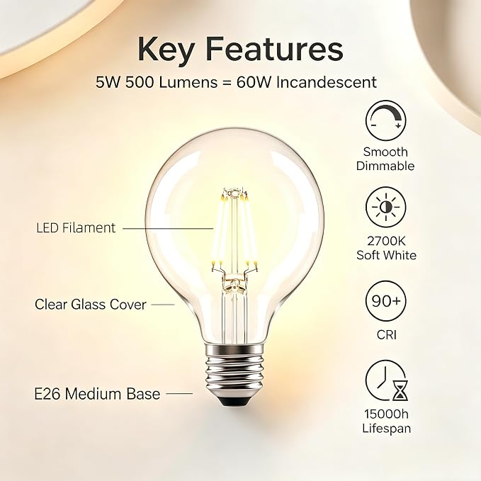 G25 LED Globe Light Bulbs, 60W Equivalent 500 Lumens, E26 Base Dimmable 2700K Soft Warm White, CRI 90+ Edison Vanity Light Bulbs for Bathroom Mirror, Bedroom, Kitchen, Clear Glass, 4 Pack