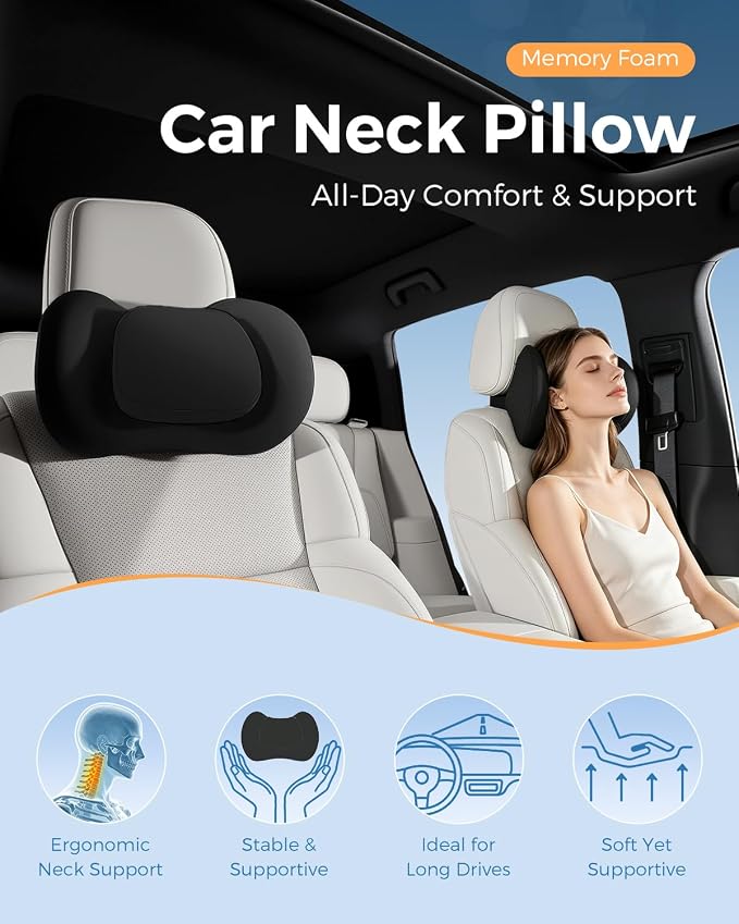 BABUR 100% Memory Foam Neck Pillow, Ergonomic Headrest for Car Seat | Driver Neck Pain Relief, Adjustable Buckle, Universal Car, Office Chair, Soft Breathable, Removable Cover, Machine Washable