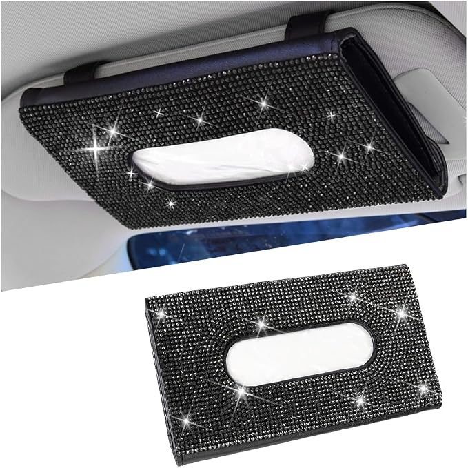 Bling Car Tissue Holder for Sun Visor, Crystal Rhinestone Leather Vehicle Paper Towel Case, Glitter Diamond Auto Napkin Clip Accessories for Women, Universal for SUV, RV, Truck (Black)