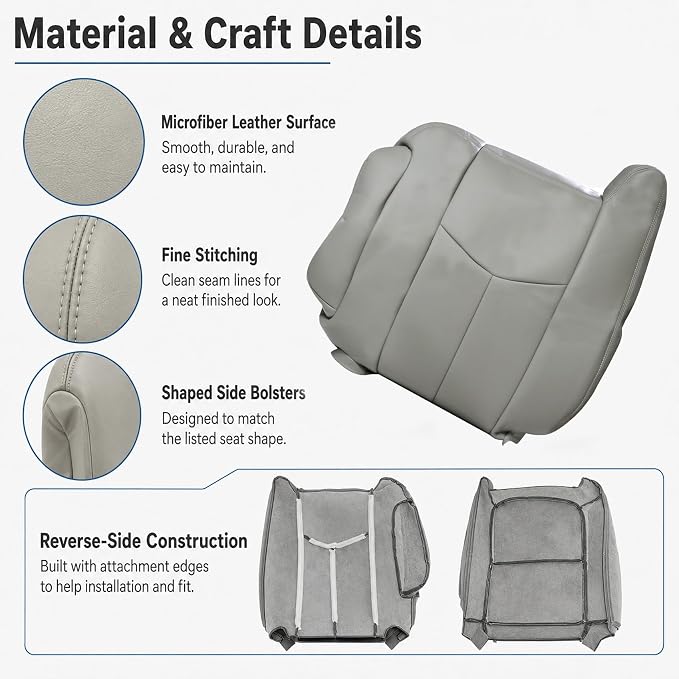 NLQR Gray #922 Driver & Passenger Bottom+Top Lean+Armrest Replacement Microfiber Leather Seat Covers Custom Fit for Chevy Silverado 1500 2500HD Tahoe Suburban Avalanche GMC Sierra Yukon XL 2003-2006