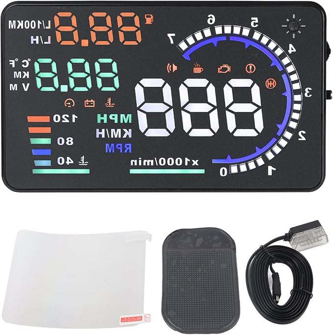 5.5'' HUD Head Display Multi-Color Windshield Screen Projector Vehicle Speed, Vehicle Hud Overspeed Alarm, Display Km/h MPH, OBDII/EUOBD Interface Plug Hud Display Car