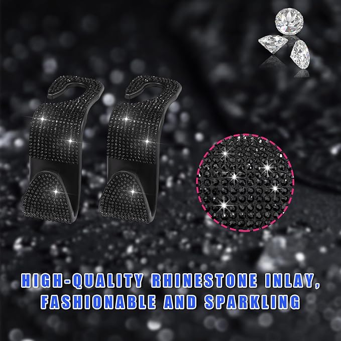 Ohleats 4 PCS Bling Car Seat Headrest Hooks, Crystal Rhinestone Back Seat Hanging Storage Organizer, Vehicle Seat Hanger Holder for Purse Handbag Coat, Interior Car Accessories (Black)