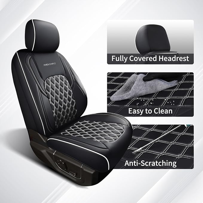 Huidasource Car Seat Covers Fit for Truck Chevy Chevrolet Silverado GMC Sierra 1500 2007-2026, 2500HD 3500HD 2015-2026 Crew Double Extended Cab, Leather Seat Accessories (Front Pair/Black&White)