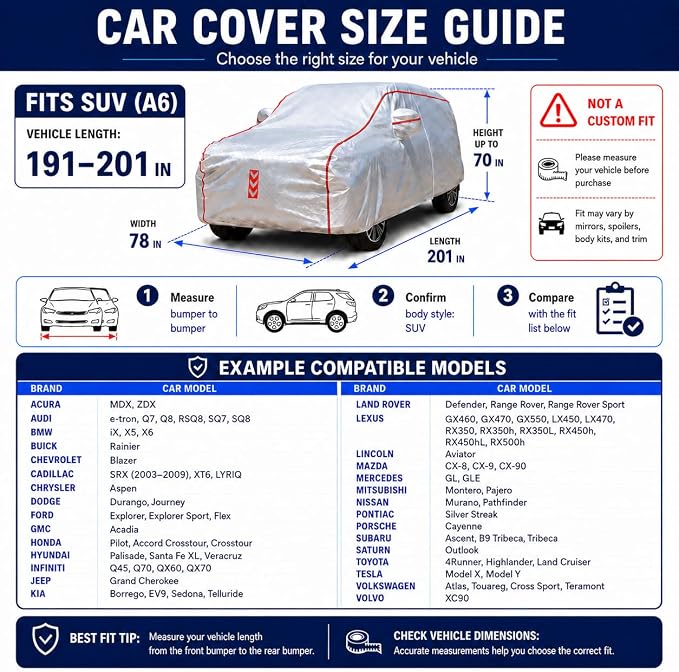 SUV Car Cover, 360° Underbody Wrap Design, All-Weather Waterproof Car Cover, Suitable for SUV Vehicle Body Length 191 to 200 in