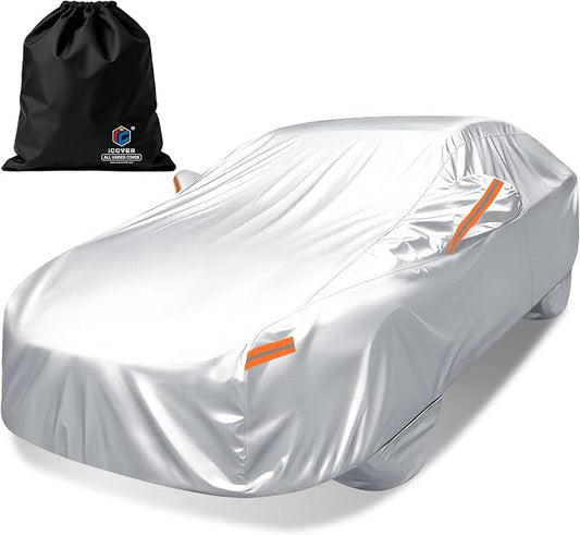 iCOVER Car Cover, Waterproof All Weather Car Covers for Toyota Camry, Honda Accord, BMW 5 Series, Mercedes E-Class,Audi A6 (Length 192" to 198") Outdoor Full Exterior Cover with Detachable Tire Covers