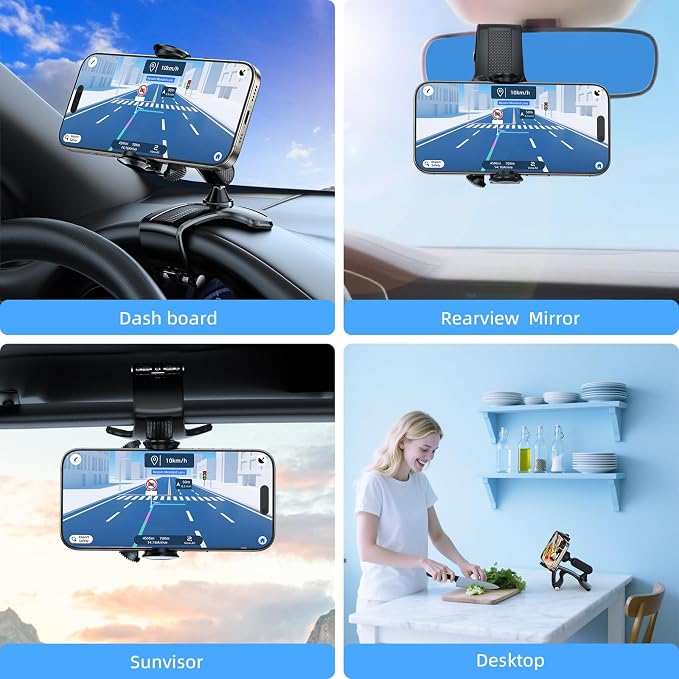 Upgraded Universal 360°Dashboard Phone Mount - Multi-Functional Visor/Rearview Rotating Car Holder for 4-7" Phones, One-Handed Operation Adjustable Clamp Holder (Black)