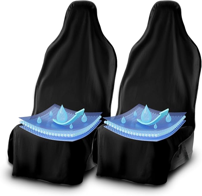 UltraSport Waterproof Towel Car Seat Cover, Universal Fit, Sweatproof & Odor-Resistant Front Seat Protector, Quick-Dry, Machine Washable for Gym, Pets, Travel, Outdoor Adventures, Black, 2-Pack