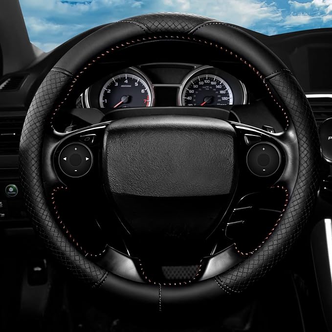 Steering Wheel Cover with Anti-Slip Leather Grip Compatible with Ford, Toyota, Honda, Nissan, and Chevrolet Vehicles for 14.5-15.35 inch Round Steering Wheels Universal Car Accessories
