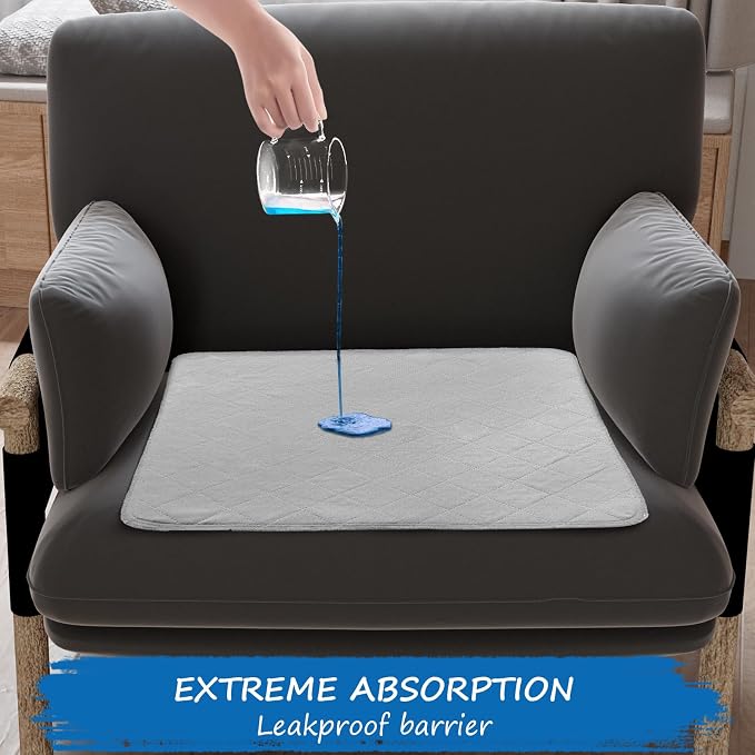 Waterproof Chair Pads for Incontinence Washable, 22" x 21" Under Pads for Adults Washable, 2 Pack Incontinence Chair Pads, Wheelchair Reusable Seat Pads Cover for Men, Women, Adults, Grey