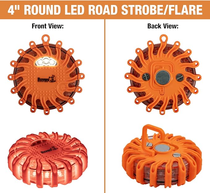 Buyers Products 8891016, 4 Inch Amber Rechargeable LED Road Strobe Flare, 16 LED Warning Light with 9 Flash Patterns, Waterproof Magnetic Emergency Safety Light for Trucks Marine and Roadside Use