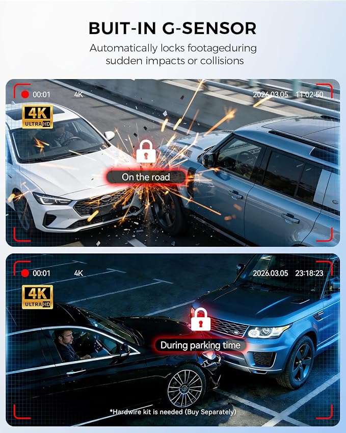 4K+4K Dash Cam Front and Rear, STARVIS SensorsFree 64GB Card,Support 256GB Max,5.8GHz WiFi Dash Camera for Cars,140°Wide Angle,3" IPS Screen, Dash Camera for Cars with 24/7 Parking Mode