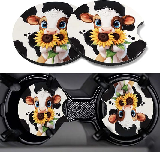 Car Cup Coasters,2 Pack Car Coaster,2.75inch Anti Slip and Absorbent Cars Coasters for Cup Holders,Neopren Accessories for Women,Cute Decor for Women (Cow Sunflowers)