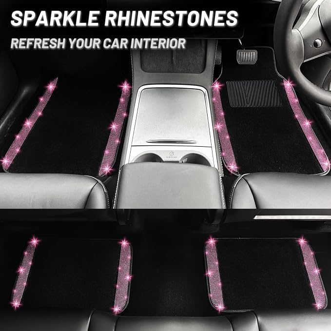 NBTEPEM Bling Car Floor Mats Full Set and Steering Wheel Cover, Universal Fit Most Cars, 4 pcs Sparkle Glitter Diamond Carpet, 5 pcs Bling Car Accessories Set for Women (Pink Diamond)