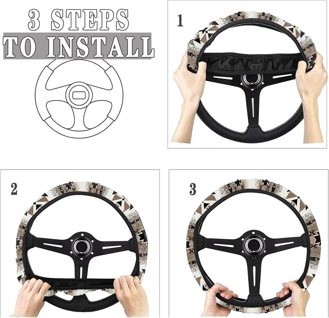 Wanyint Southwestern Aztec Brown Auto Steering Wheel Cover Universal 15 Inch Diameter Anti-Slip Neoprene Car Steering Wheel Protector for Women Men