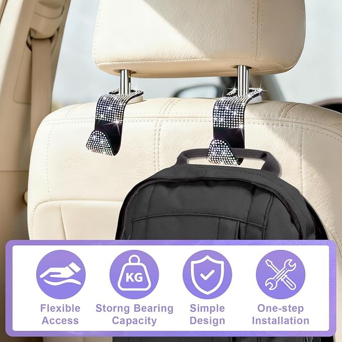 BFXM 6 Pack Bling Car Seat Headrest Hooks, Bling Car Accessories for Women, Rhinestone Purse Hook for Car, Universal Storage Organizer for Handbag Grocery Bags Coats (Bling Colorful)