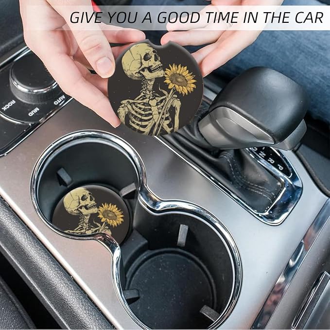 Cup Holder for Car,Skull Embracing A Sunflower Design Ceramic Coasters Non-Slip Cup Holder Insert with Fingertip Grip, Auto Interior Accessories for Women & Men,Pack of 2, 2.56In
