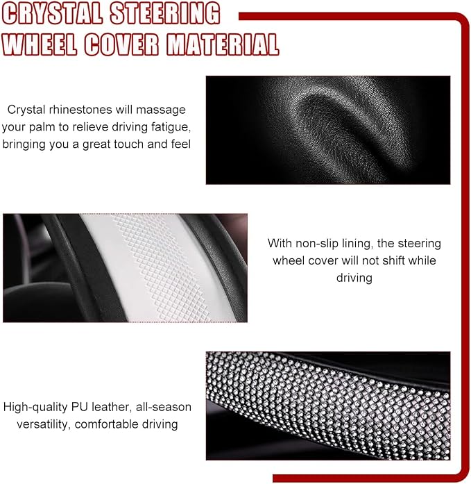 povtii Bling Car Steering Wheel Cover, Sparkling Crystal Rhinestone Auto Wheel Protector, Anti Slip Cover Fit 15 Inch Steering Wheel for Women Girls, Universal Car Accessories (Black)