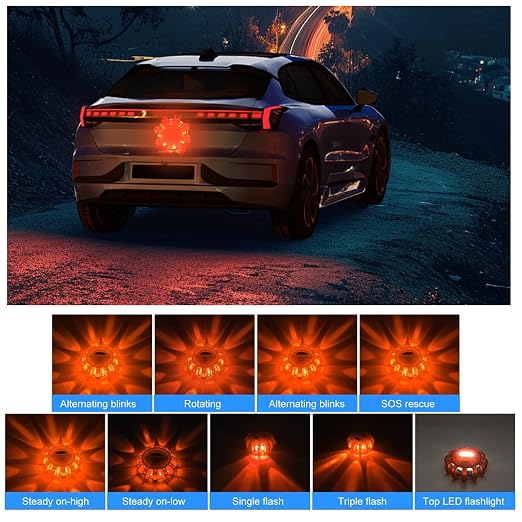 3 Pack LED Road Flares Emergency Lights, Roadside Emergency Disc Beacon Kit with Magnetic Base and Hook, 9 Flash Modes for Car Truck RV Boat