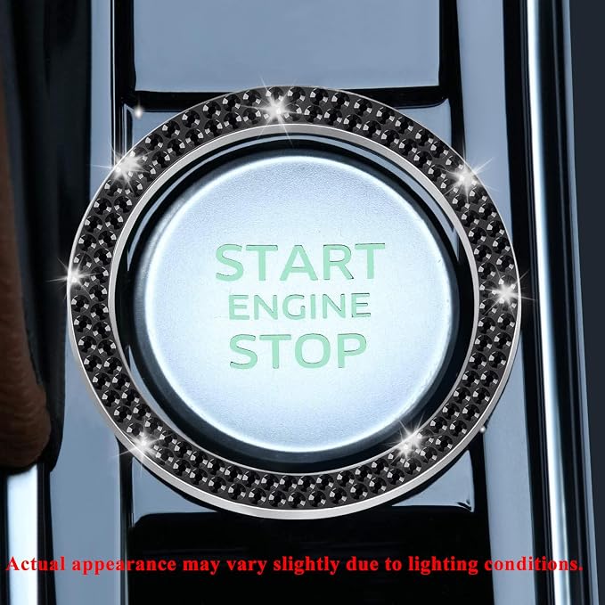 LivTee 2 PCS Crystal Double Rhinestone Car Engine Start Stop Decoration Ring, Bling Car Interior Accessories for Women, Push to Start Button Cover Sticker, Automotive Decals, Black