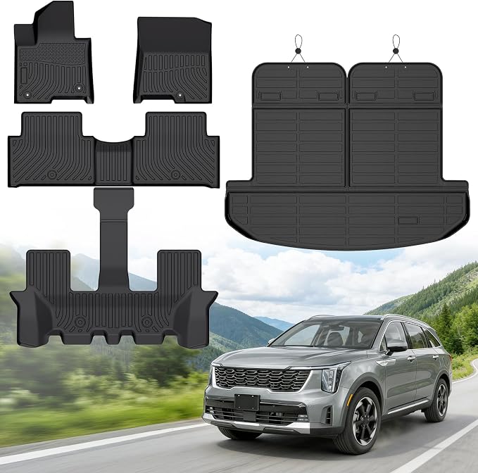Floor Mats for Kia Sorento Hybrid 6 & 7 Passenger 2021-2026 | (Only for HEV & PHEV, Not for Fuel), Heavy Duty TPE All Weather Protection Non-Slip (Floor Mats & Cargo Liner &Seatback Mat)