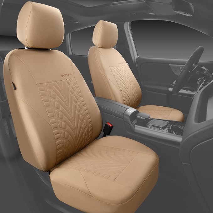 CAR PASS Car Seat Covers Full Sets, Front & Split Rear Bench for Car, 3D Tyre Embossed Automotive Interior Covers, Airbag Compatible, Quick Setup Universal Fit Seat Covers for Car, SUV(All Beige)