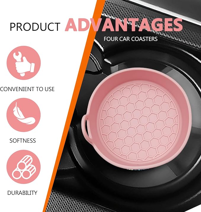 4 Pack Car Cup Holder Coaster, Universal Silicone Non-Slip Insert Pad, Waterproof Spill-Proof Drink Mat for SUV Sedan Truck, Automotive Interior Accessories(Pink)