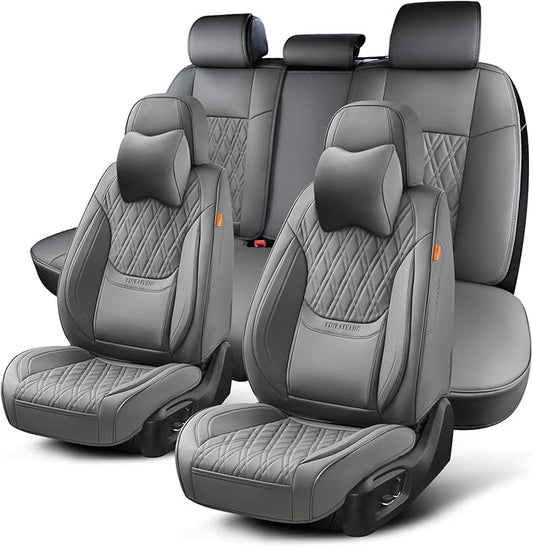 Car Seat Covers Full Set, Breathable Leather Automotive Front and Rear Seat Covers & Headrest, Universal Automotive Vehicle Seat Cover for Most Sedan SUV Pick-up Trucks, Gray