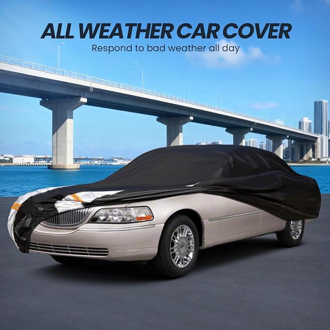 Multi-Layer Car Cover Custom Fit for Lincoln Town(1998-2011), 100% Waterproof All Weather for Automobiles, Gift with Towel, Heavy Duty Car Covers for Rain Sun UV Protection with Door Zipper.