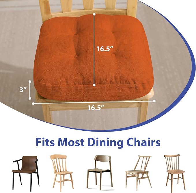 IASEAHK Chair Cushions for Dining Chairs, Dining Chair Cushions, Tufted Indoor Chair Pads with Ties & Non Slip Backing, Seat Cushions for Kitchen Chairs 16.5” x 16.5” x 3.5”, Set of 6, Orange