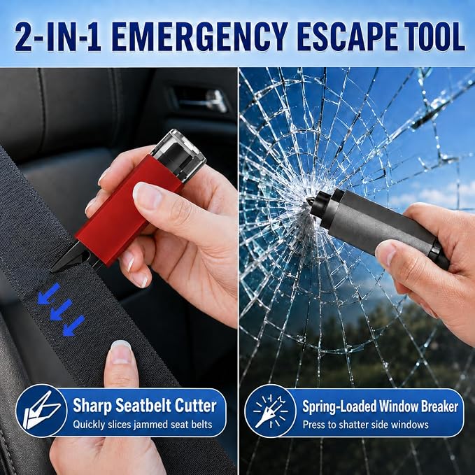 Window Breaker Seatbelt Cutter, 2-in-1 Car Glass Window Breaker Tool, Safety Hammer with Test Glass, Spring Loaded Emergency Escape Hammer for Sinking Cars, Flood Rescue 4PCS (Red & Grey)
