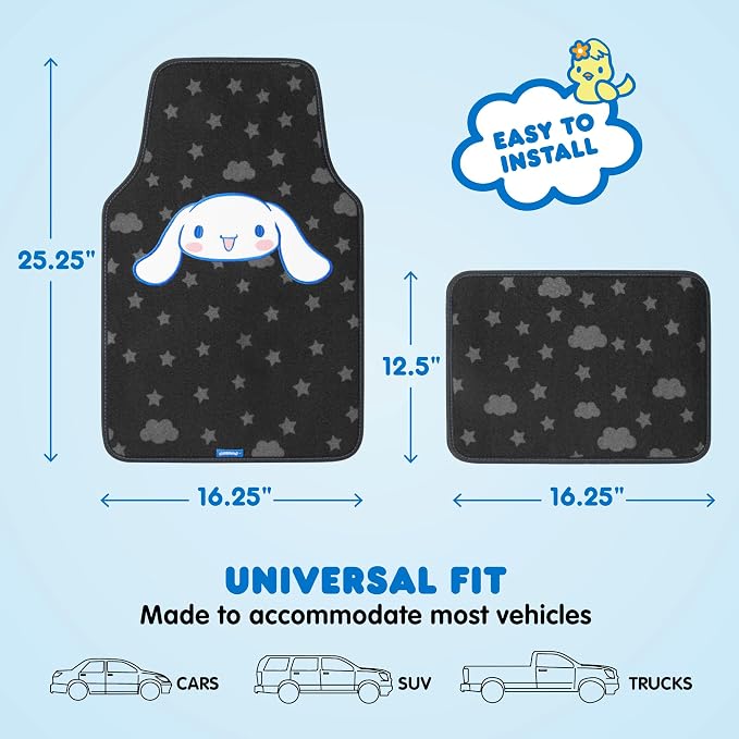 Cinnamoroll Carpet Car Floor Mats - Universal Fit for Cars, SUVs & Trucks - Super Cute Cinnamoroll Print & Pattern Accents - Front & Rear Set, 4 Piece