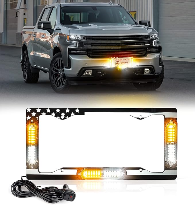 Xprite 36 LED License Plate Strobe Light, US Flag Front/Rear Utility Lights, 22 Modes Caution Frame for Construction Towing Snow Plow Pickup Work Trucks Cars - White Amber (w/Pre-Installed 9FT Cable)