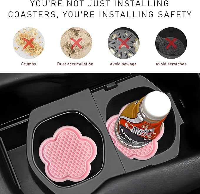 DXNQ 4 PCS Car Cup Coasters, Cute Flower Shaped Car Cup Holder Mat, PVC Waterproof Anti Slip Vehicle Cup Holder Insert Coaster, Universal Car Interior Decor Accessories (Pink)