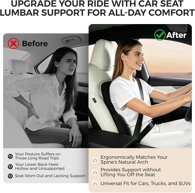 BEBAS Ergonomic Lumbar Support Pillow for Car, Memory Foam Back Support for Lower Back Pain Relief, Detachable Lumbar Cushion for Driving, Extended Lumbar Pillow for Car Seat, Office Chair -Black