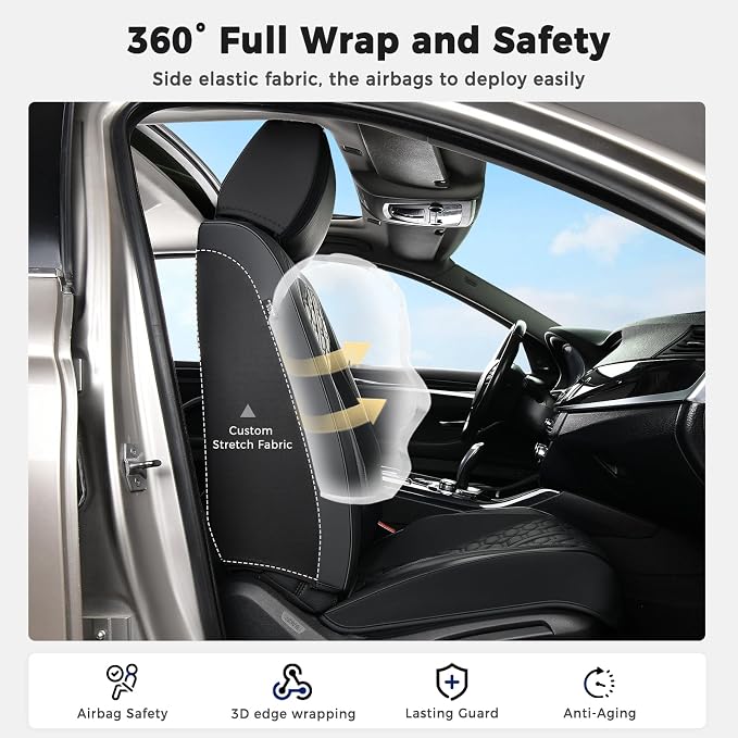 Huidasource Front Seat Covers Universal Fit for Most Cars SUV Trucks, 360° Full Wrap Leather Car Seat Cushion Covers, Pure Black