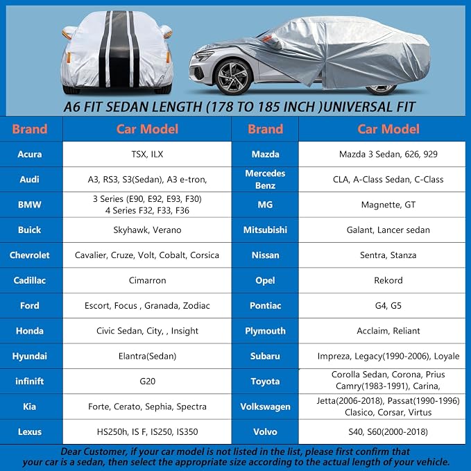 10-Layer Sedan Car Cover Waterproof All Weather. | for Civic, Corolla, Hyundai Elantra, Impreza/WRX,Nissan Sentra, Kia Forte etc. Size A6(Length 178 to 185 inch)
