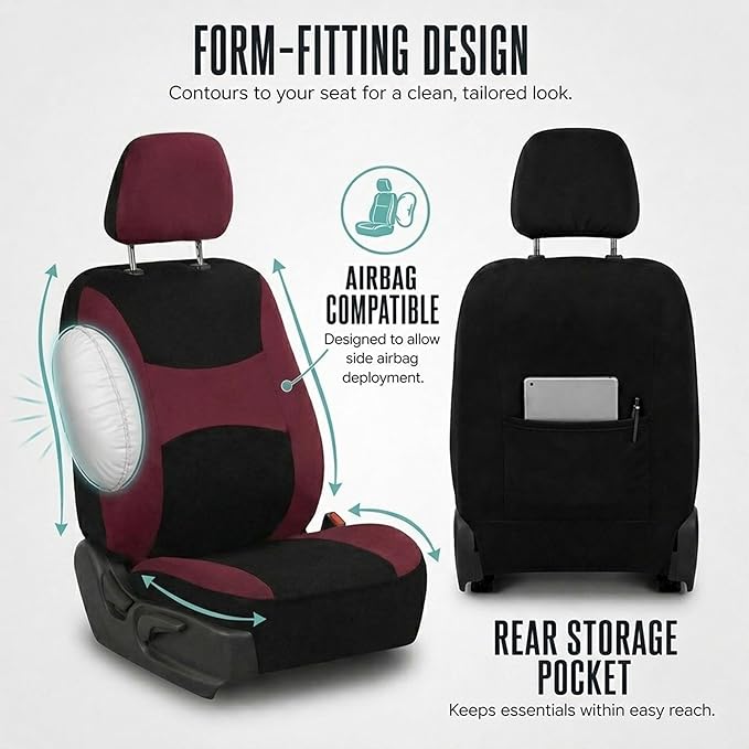 FH Group Car Seat Covers Full Set Cloth,Universal Fit combo,Washable Automotive Seat Covers,Low Back Front Seat Covers,Airbag Compatible,Split Bench Rear Seat for SUV,Sedan,Van Burgundy