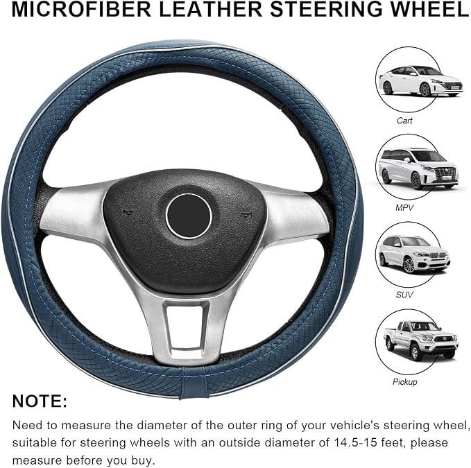 Car Steering Wheel Cover, 15 Inch Anti-Slip Breathable Leather Auto Steering Wheel Protector, Full Surround Soft Steering Wheel Cover for Men Women, Car Interior Accessories (Blue & White)
