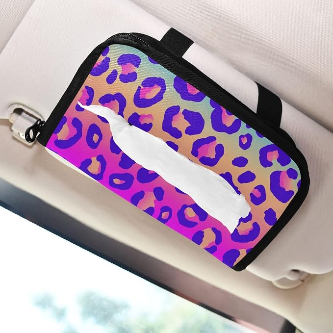 Car Tissue Holder Car Napkin Holder Tissue Box Dispenser Storage Case Sun Visor Mask Holder Accessories with Adjustable Straps Reusable Refillable Neon Gradient Leopard Print