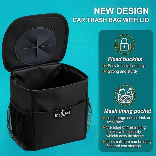 Big Ant Car Trash Can with Odor-Trapping Lid & 100% Leakproof Liner, Multipurpose Hanging Organizer for SUV & Truck, Keep Vehicles Clean on Family Road Trips