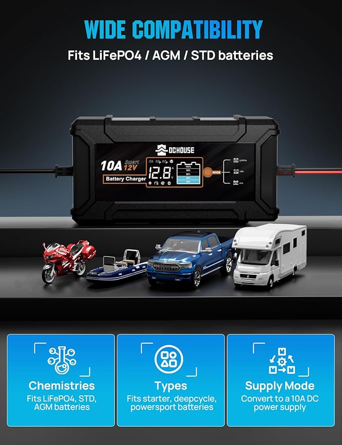 DC House 12V 10A LiFePO4 Battery Charger, Smart Trickle Charger Fully Automatic Maintainer Desulfator for Lead-Acid & LiFePO4 Batteries Car Motorcycle Truck Lawn Mower