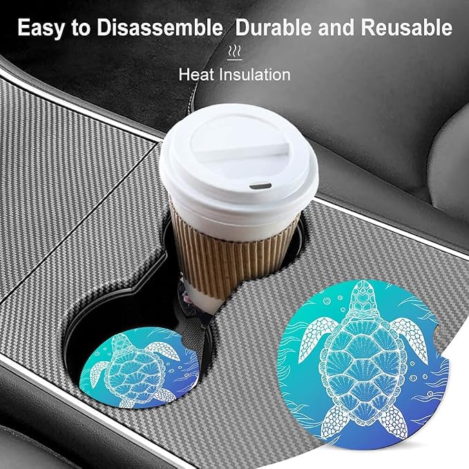2 Pack Absorbent Car Coasters for Cup Holders,Ceramic Coasters with Cork Back and Finger Slot,Cupholder Accessories to Keep Your Car Cup Holders Clean and Dry 2.56"(Chic Underwater Sea Turtle Seaweed)