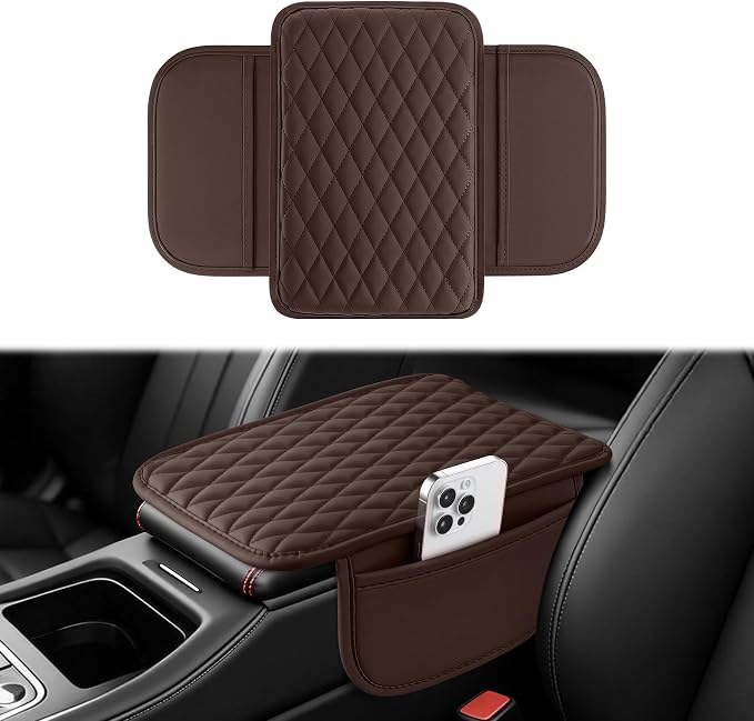 Amiss Car Center Console, Upgraded Leather Car Armrest Cushion with 2 Storage Pockets, Universal Waterproof Cushion Pad, Non-Slip Car Interior Accessories, Fits Most Sedans SUVs Trucks (Brown)