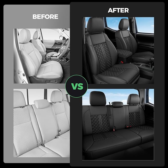 Custom Seat Covers for Tacoma 2016-2023 3rd Gen Double Cab SR5/TRD Off-Road/SR/TRD Sport/TRD PRO Full Set with Console Covers, Waterproof Leather Back and Front Seat Protectors Black