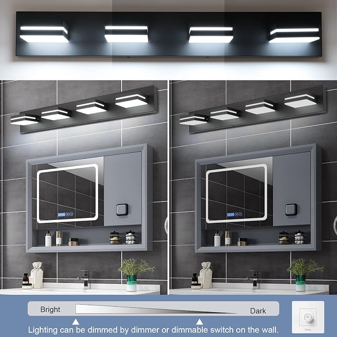 SineRise LED Modern Bathroom Vanity Light Fixtures (4-Light, 30-Inch, Dimmable), Matte Black Modern Acrylic Bathroom Wall Lighting Fixtures Over Mirror (Cool White 6000K)